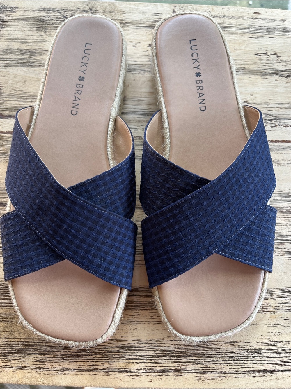 Lucky Brand Navy Crossband Slide Sandals with Tan Footbed